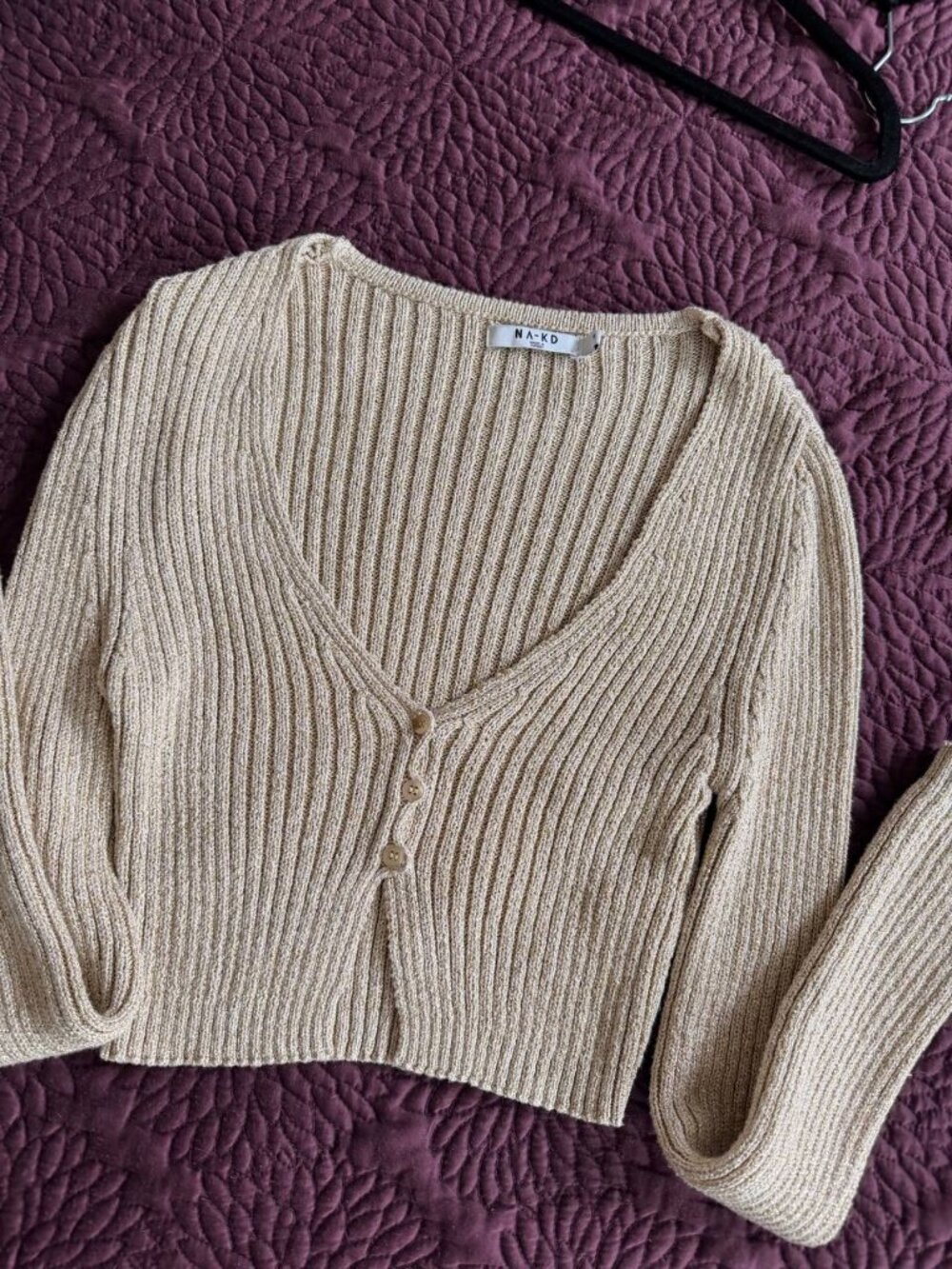 NA-KD Metallic Gold Ribbed Cropped Cardigan Sweater